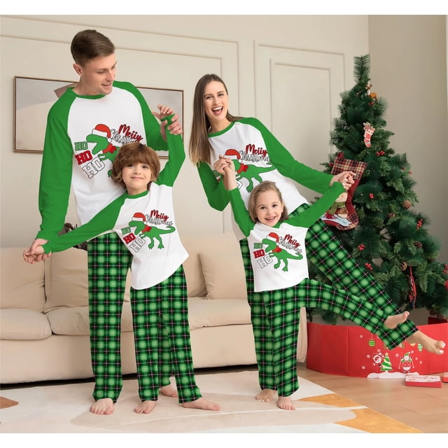 Green Dinosaur Print Family Christmas Pajamas Set Mom Dad Kids 2 Pieces Suit Baby Dog Cute Romper Xmas Family Look Clothing Sets
