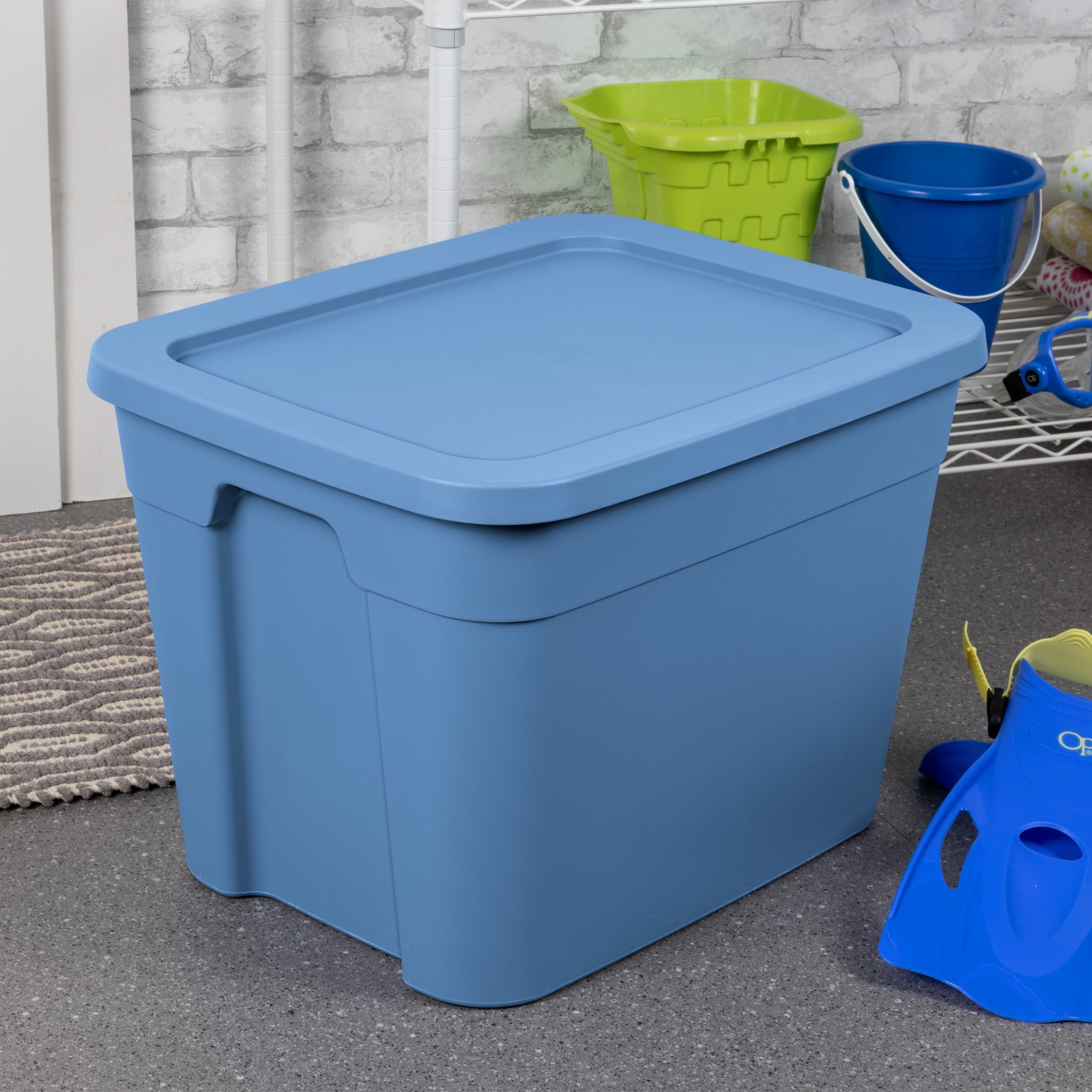 Sterilite 18 Gallon Tote, Plastic Storage Bin with Snap-on Lid, Stackable, Blue