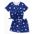 thumbnail image 4 of PatPat Lounge Sets for Women Pajamas 2 Piece Short Sleeve Top and Shorts Striped Casual Stars Sleepwear Outfits Sets with Drawstring Pockets, Deep Blue, L, 4 of 12