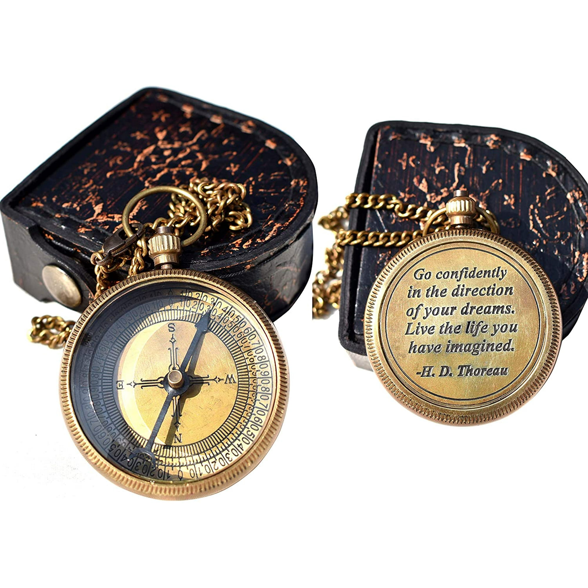 Engraved Compass with Aged Leather Case, Camping Compass