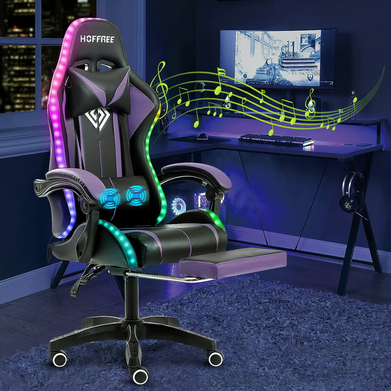 Hoffree Gaming Chair with Bluetooth Speakers and Footrest Massage Office  Chair with LED Lights Ergonomic Game Chair High Back with Lumbar Support  and