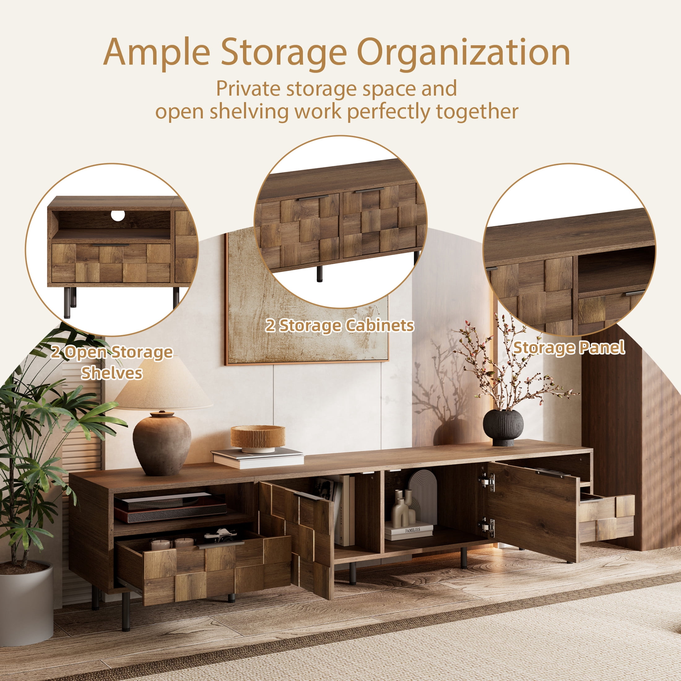 Noble House TV Stand for TVs up to 85'' with 2 Storage Cabinets, Drawers and Open Shelves, Natural