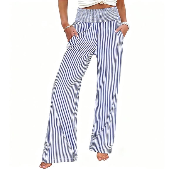 SwiftWear Women's Plus Size Striped Wide Leg Pants High Waisted Elastic Trousers Casual Soft Stretch Palazzo Lounge Pants