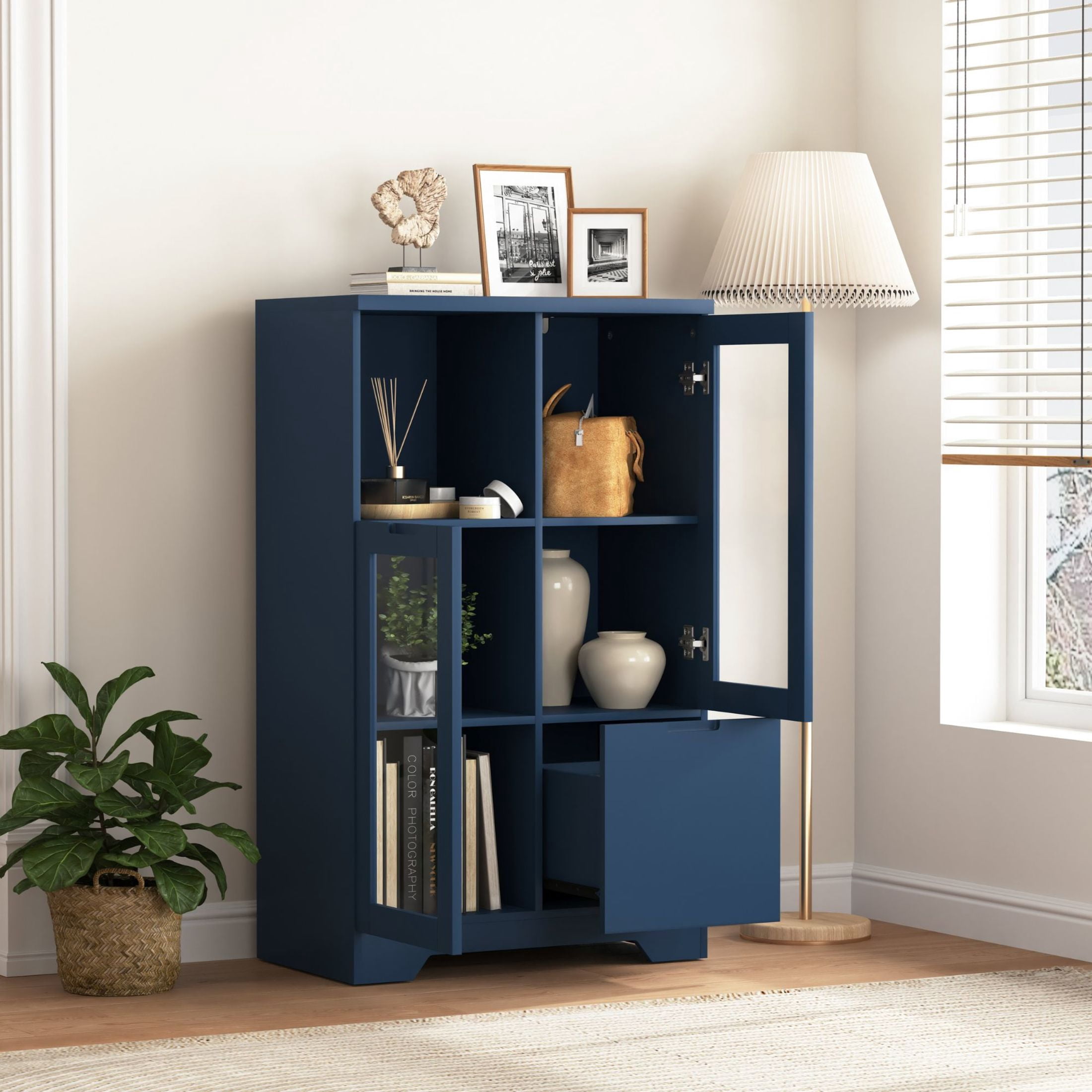 Noble House Storage Cabinet with Glass Doors and Drawer, Adjustable Shelves, Navy Blue