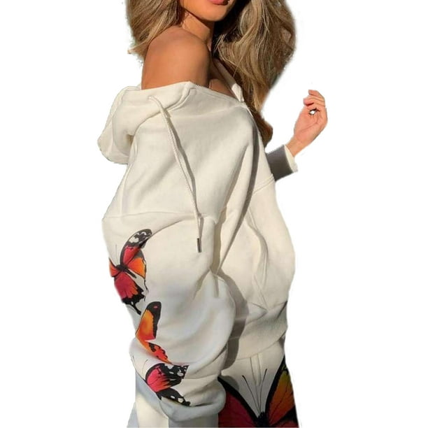 2 Pieces Sport Suit Set for Women Butterfly Printed Female Clothes Zipper  Up Hoodies Coats Pants White Black Street Wear 