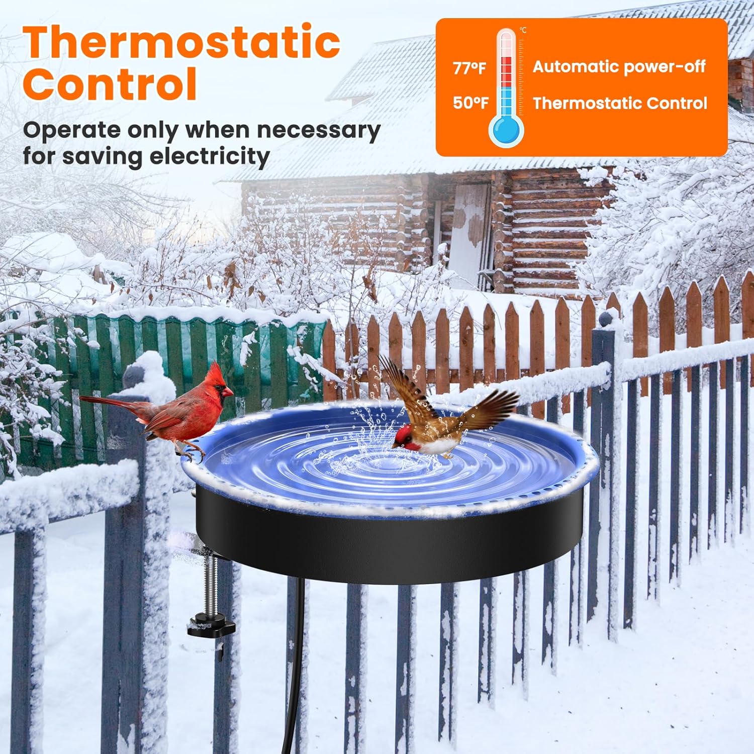 2 in 1 Heated Bird Bath for Outdoors for Winter,100W Bird Bath Heater with Thermostatically Controlled，Heated Bird Bath for Deck Railing for All Seasons Outdoor Garden Yard Patio Lawn