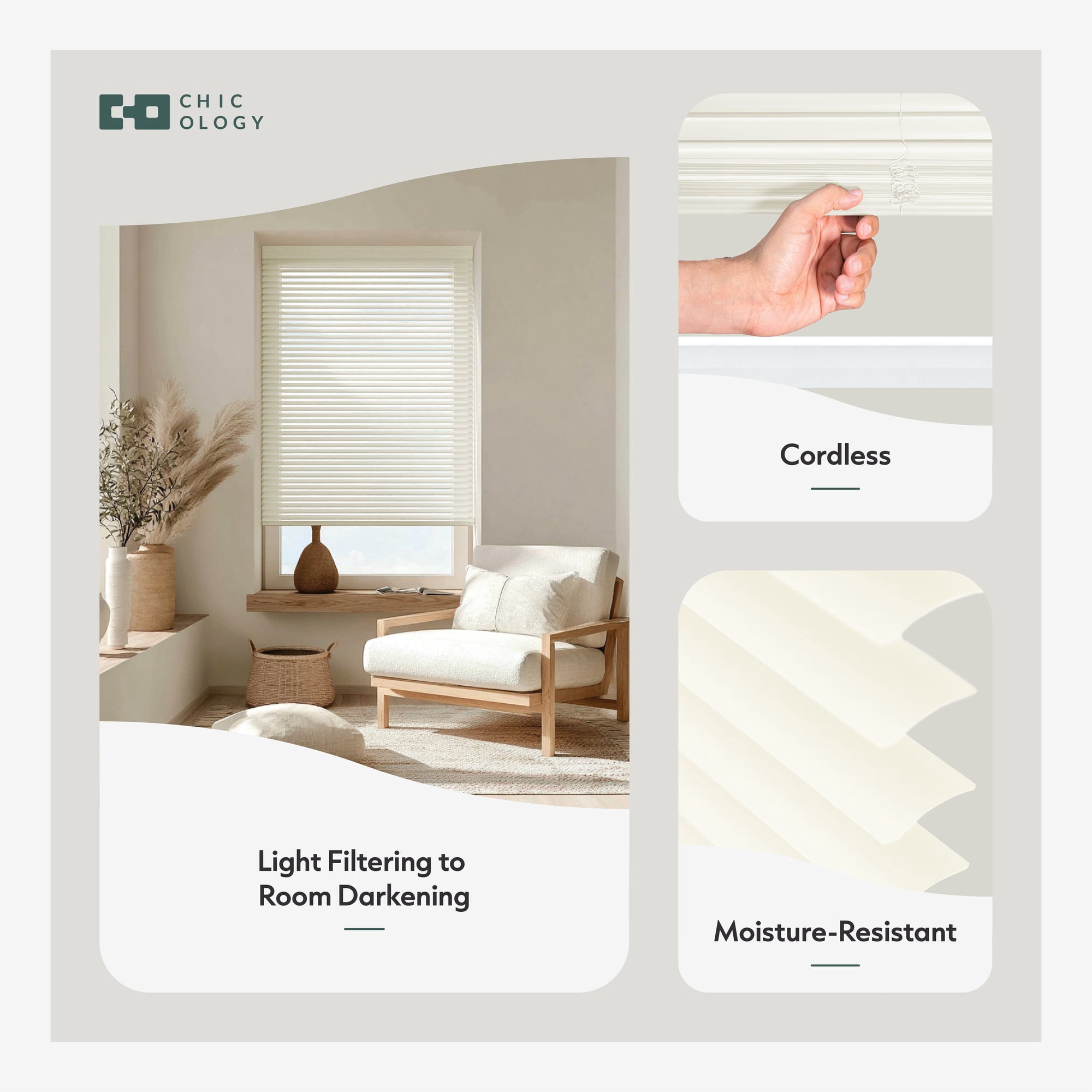 Chicology 77"W X 72"H Cordless Vinyl Mini Blinds 1 in Slats Light Filtering Alabaster Easy Install