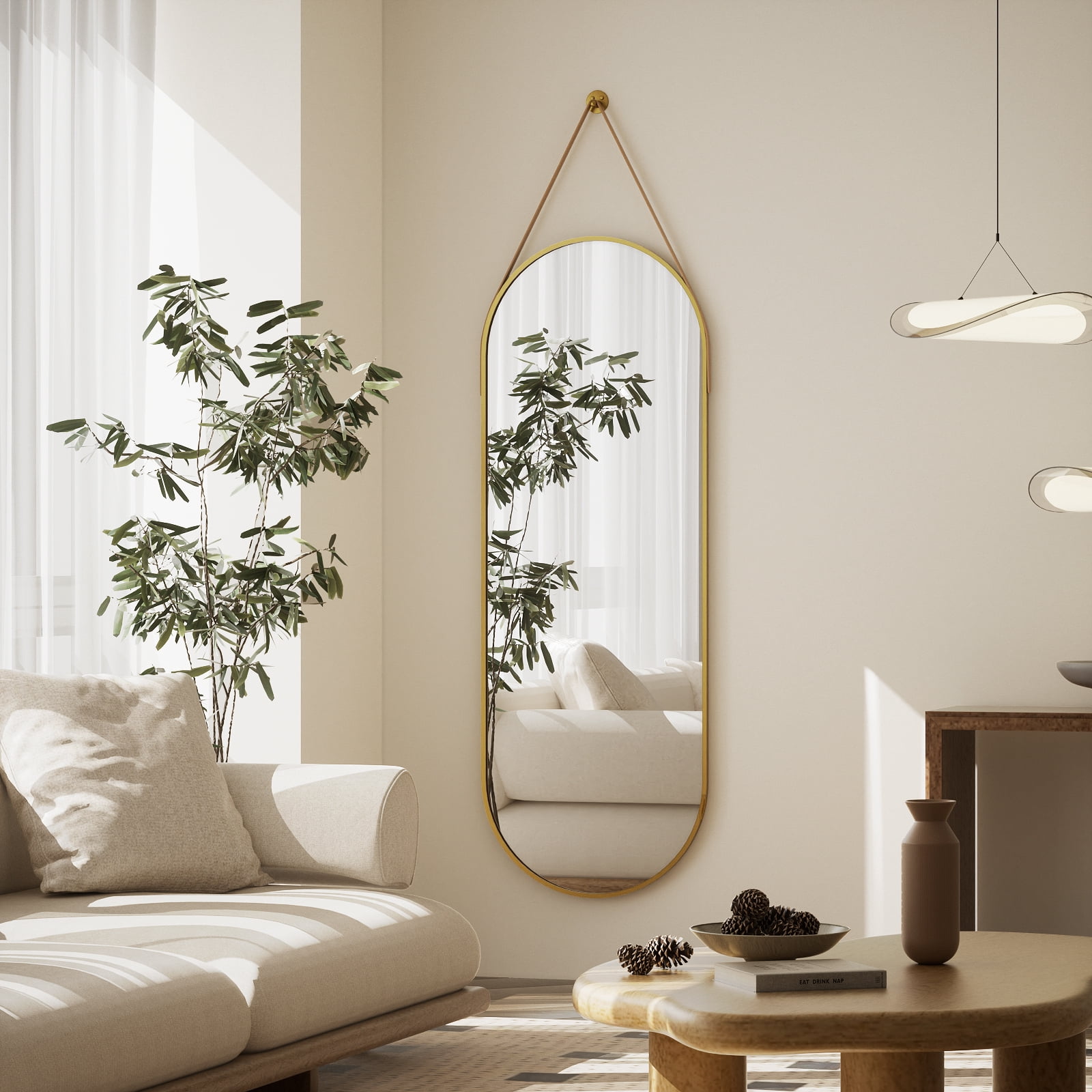Easy4Home 48"x16" Oval Wall Mirror Full Length Mirror with Leather Hanging Strap, Gold