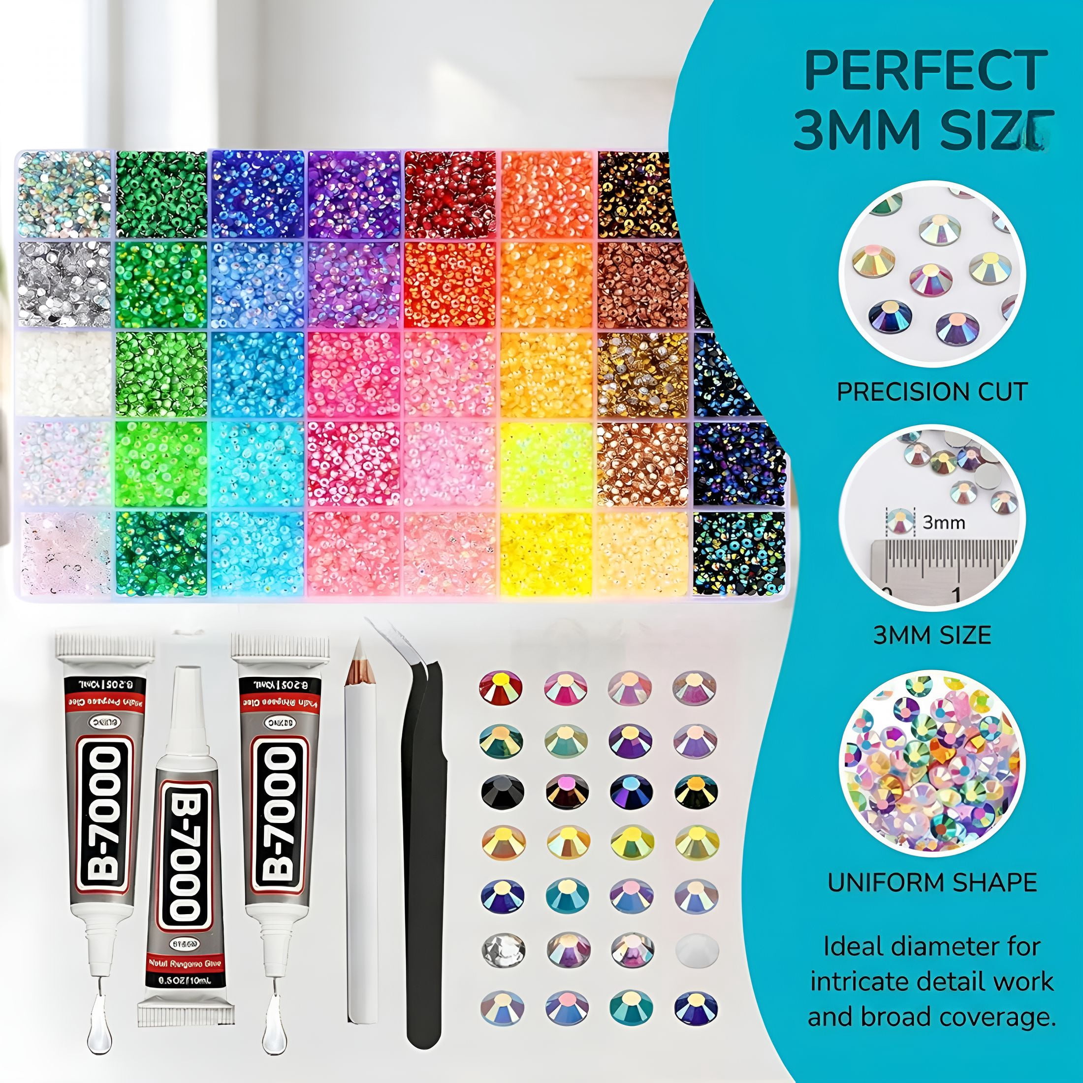 DESIGNICE 35000Pcs Rhinestones,40 Color Kits,3Mm Bedazzling Kit with Glue for Diy Diamond Paintings,Decorative Water Cups,Phone Cases,And Other Crafts