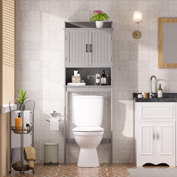 21.7 in. W x 66.9 in. H x 7.1 in. D Gray Bathroom Over-the-Toilet Storage with Adjustable Shelf and Doors