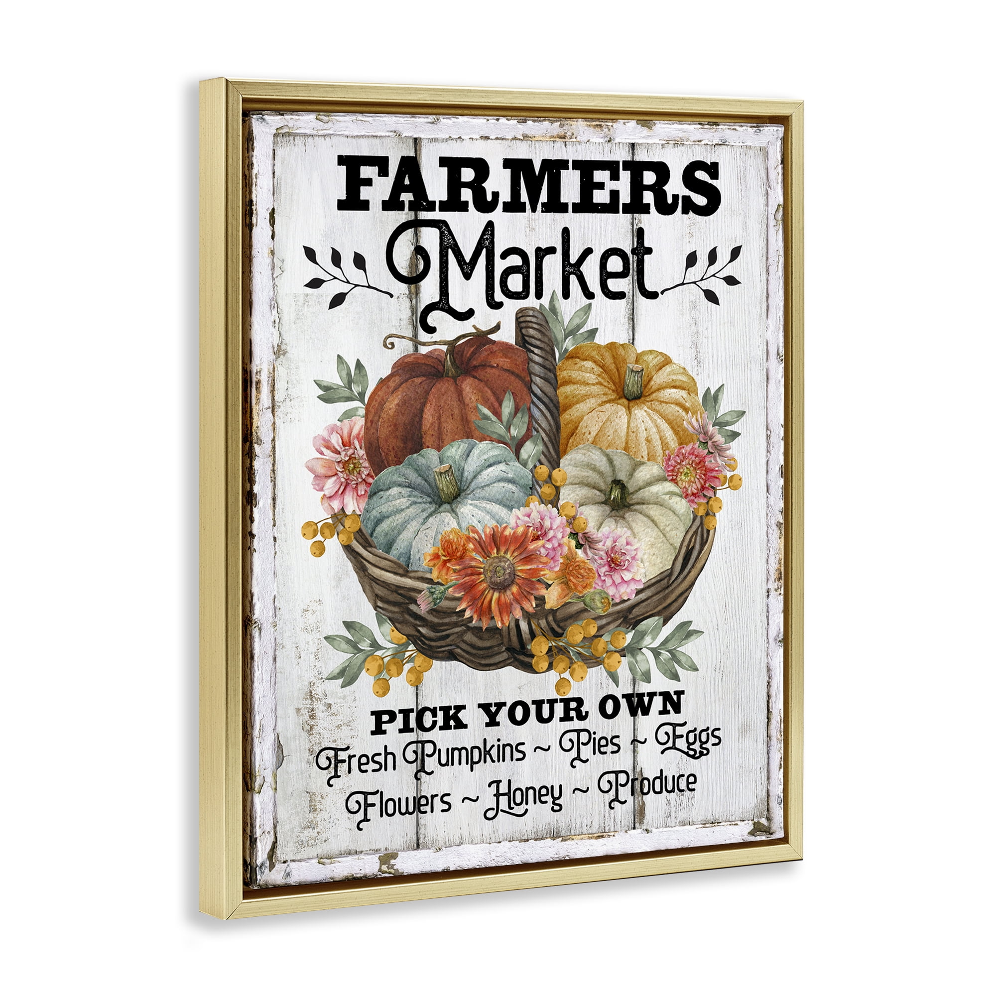 Stupell Industries Farmers Market Pumpkin Basket Holiday Painting Gold Floater Framed Canvas Art Prints Wall Art, 17 x 21