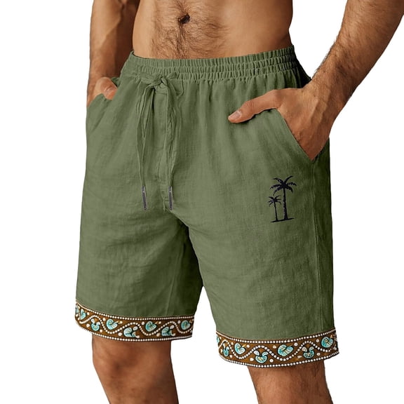CONZONE Mens Casual Linen Shorts Elastic Waist Drawstring Summer Shorts for Men Hawaii Graphic Y2K Lightweight Loose Fit Vacation Beach Shorts With Pockets