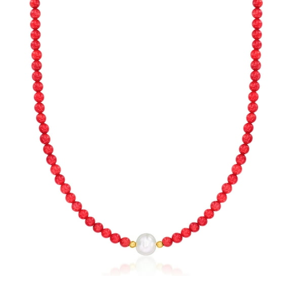 Ross-Simons 8.5-9.5mm Cultured Pearl and 4-4.5mm Red Coral Bead Necklace With 18kt Gold Over Sterling, Women's, Adult