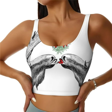 Jgfou Moose Kissing Under Mistletoe Print Womens Sports Bra - Padded Workout Sports Bras Crop Tank Top