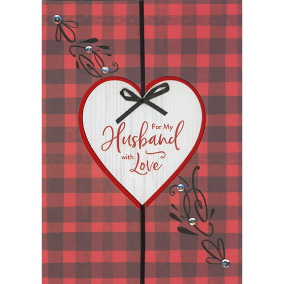 Designer Greetings Red Foil Bordered 3D Die Cut Heart, Black Bow and String Over Red and Black Plaid Hand Decorated Valentine's Day Card for Husband