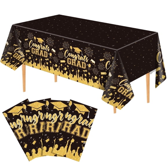 4 Pack Plastic Graduation Tablecloth, 2026 Gongrats Grad Table Cloths Graduation Party Supplies, Disposable Rectangle Black Gold Table Cover for Graduation Party Decorations, 54x108"