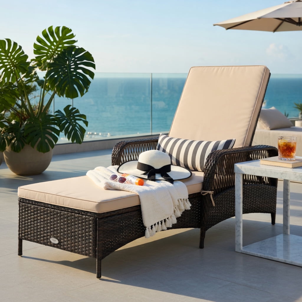 Hommoo Adjustable Outdoor Wicker Chaise Lounge Chair with Weather-Resistant PE Rattan, Cushion & Lumbar Pillow, Patio Recliner for Poolside, Balcony & Garden, Brown