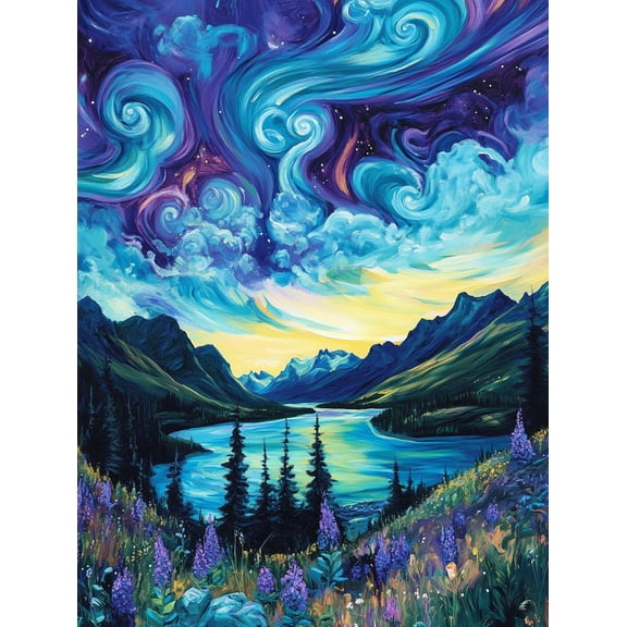 Whimsical Swirling Sky Mountain Lake Canvas Print Wall Art,Perfect for Living Room,Office, Hallway, and Dining Room Decor.