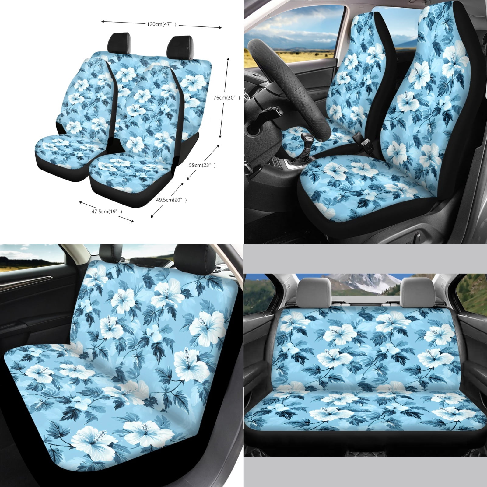Jeiento Blue Hibiscus Flowers Car Seat Cover with Steering Wheel Cover Seat Belt Strap Pad Handbrake Gear Shift Knob Cover Rubbish Bin Armrest Cover Auto Rearview Mirror Cover Coasters 14 PCS