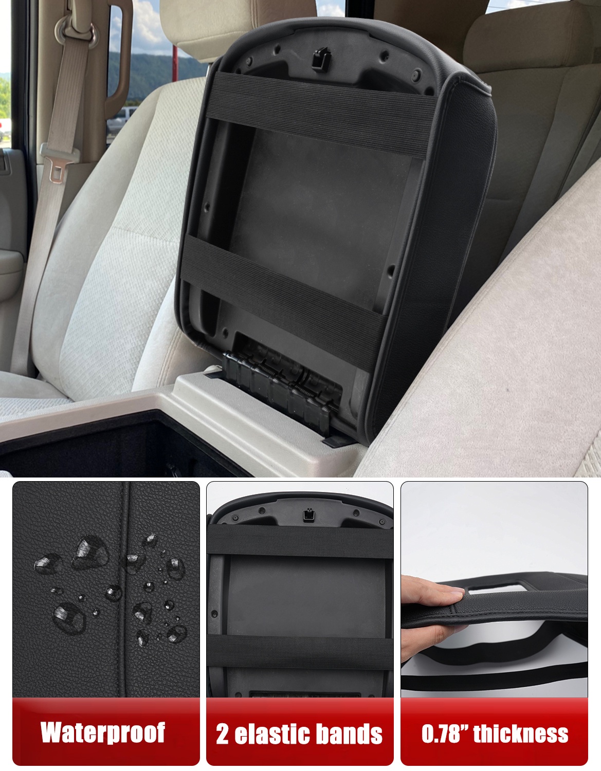 KBH Center Console Cover for 2007-2014 Chevy Silverado Tahoe Suburban Avalanche, GMC Sierra Yukon, Black Leather Armrest Cover for Car Interior Accessories (Bucket Seat Only)