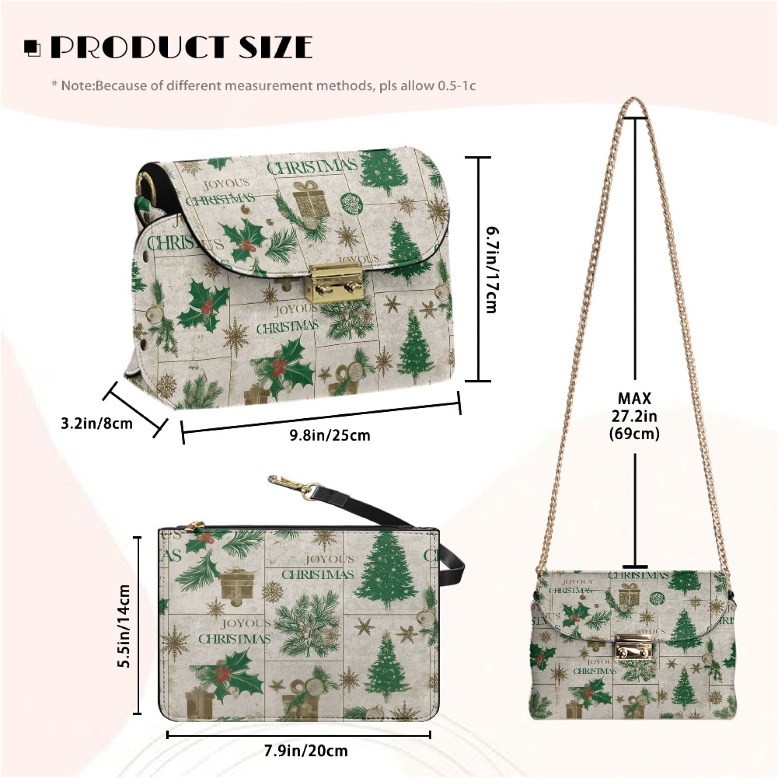 SCRAWLGOD Christmas Tree Holly Ornament Ball Beige Small Crossbody Bags for Women Leather Cell Phone Purse Crossover Shoulder Bag Crossbody Travel Purse with Detachable Strap