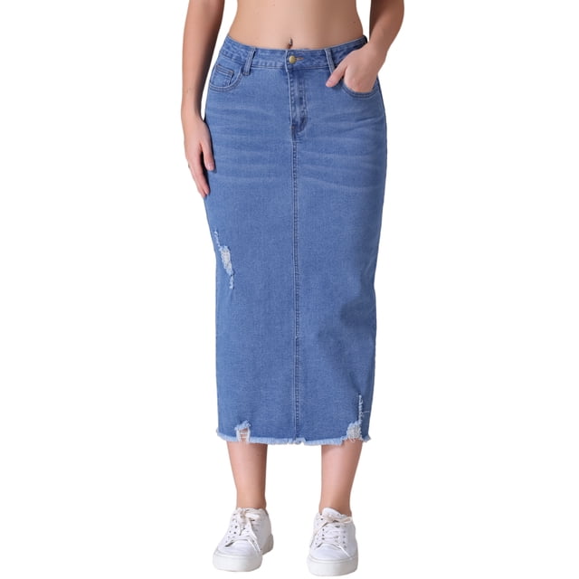 Falda de mezclilla midi ajustada para mujer, de tiro alto, con rotos y dobladillo sin terminar, estilo casual, color azul claro, talla M