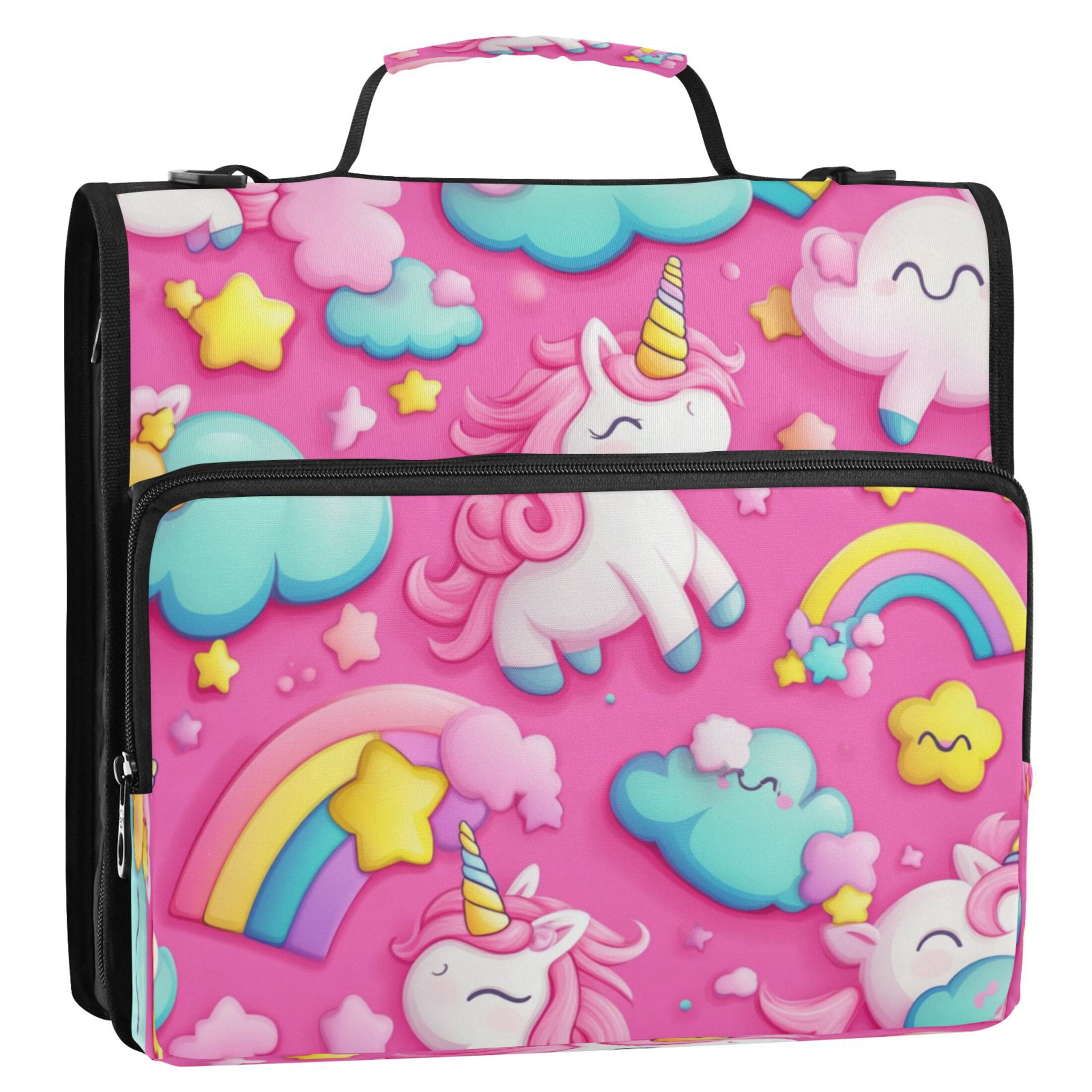Water-Resistant 3-Ring Binder Organizer with Multiple Pockets Zipper Binder Bag for Office Unicorns and Clouds