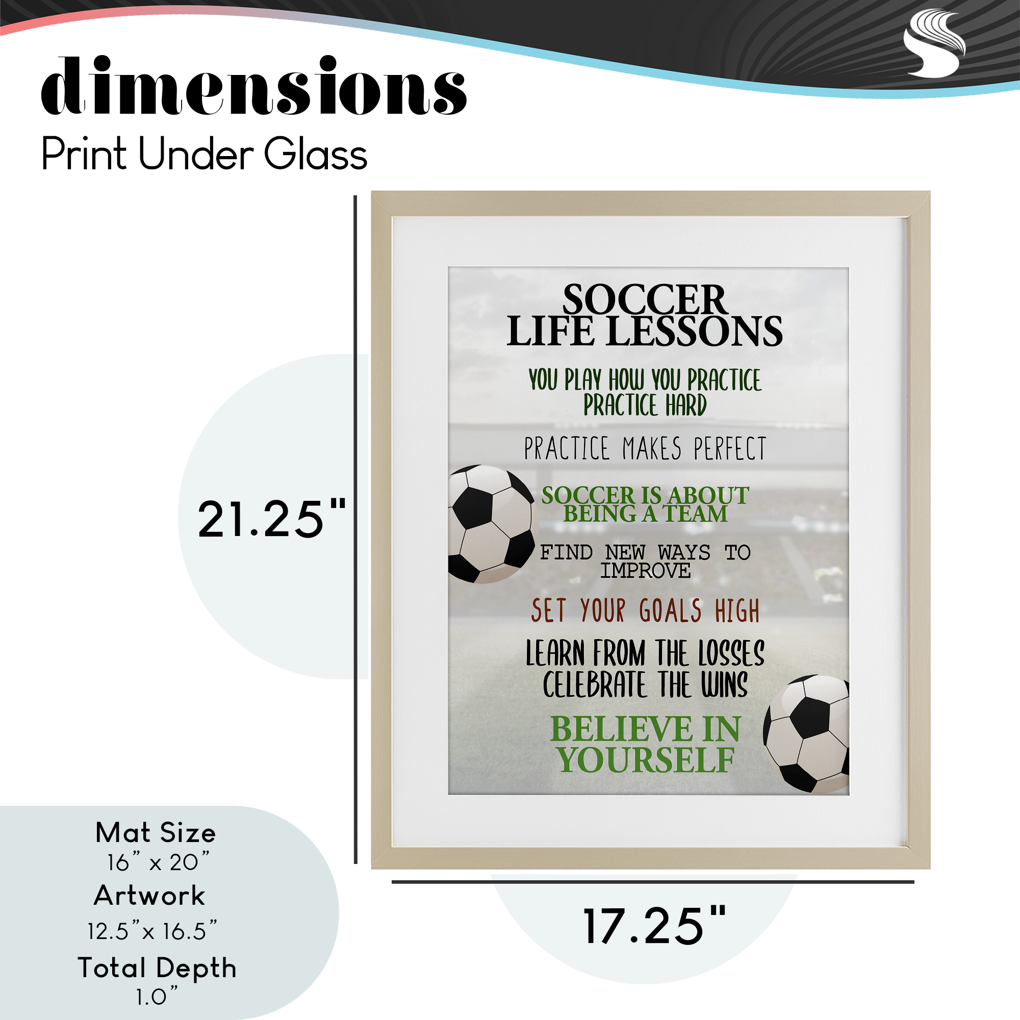 Soccer Life Lessons Birch Framed Print Under Glass, design by Kim Allen