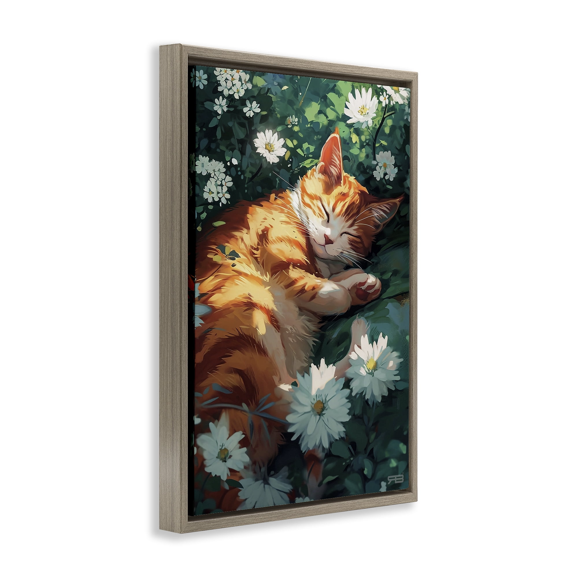 Stupell Industries Cat Sleeping in Meadow Animals & Insects Painting Brown Floater Framed Canvas Art Print Wall Art, 21 x 31