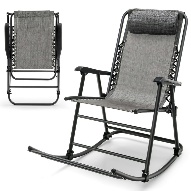 Clihome Metal Outdoor Rocking Chair Patio Camping Lightweight Folding Chairing Gray with Footrest