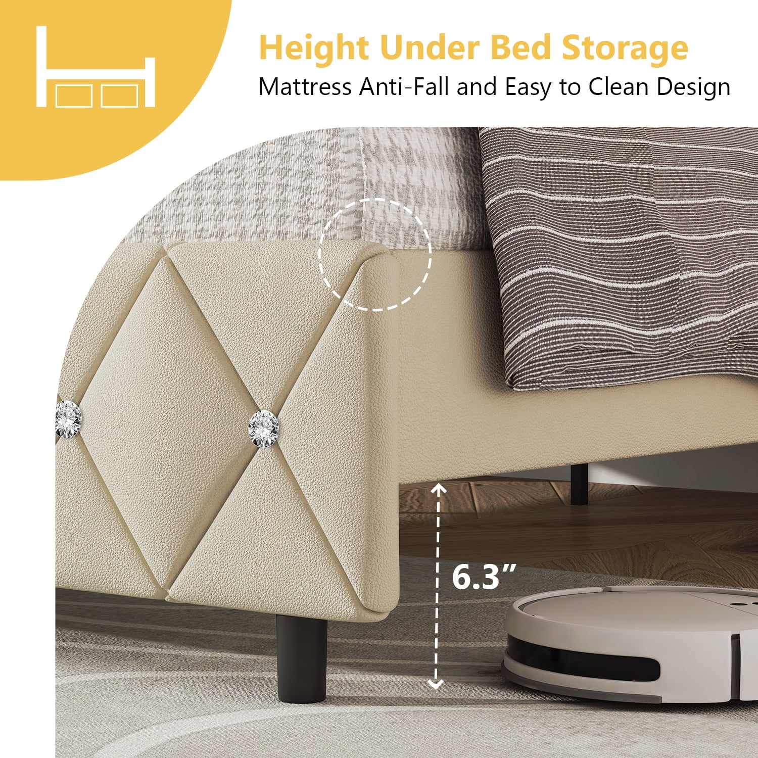 4 EVER WINNER Full Bed Frame, Upholstered Platform Bed Frame with Headboard and Footboard, Diamond Headboard and Footboard Design, Beige