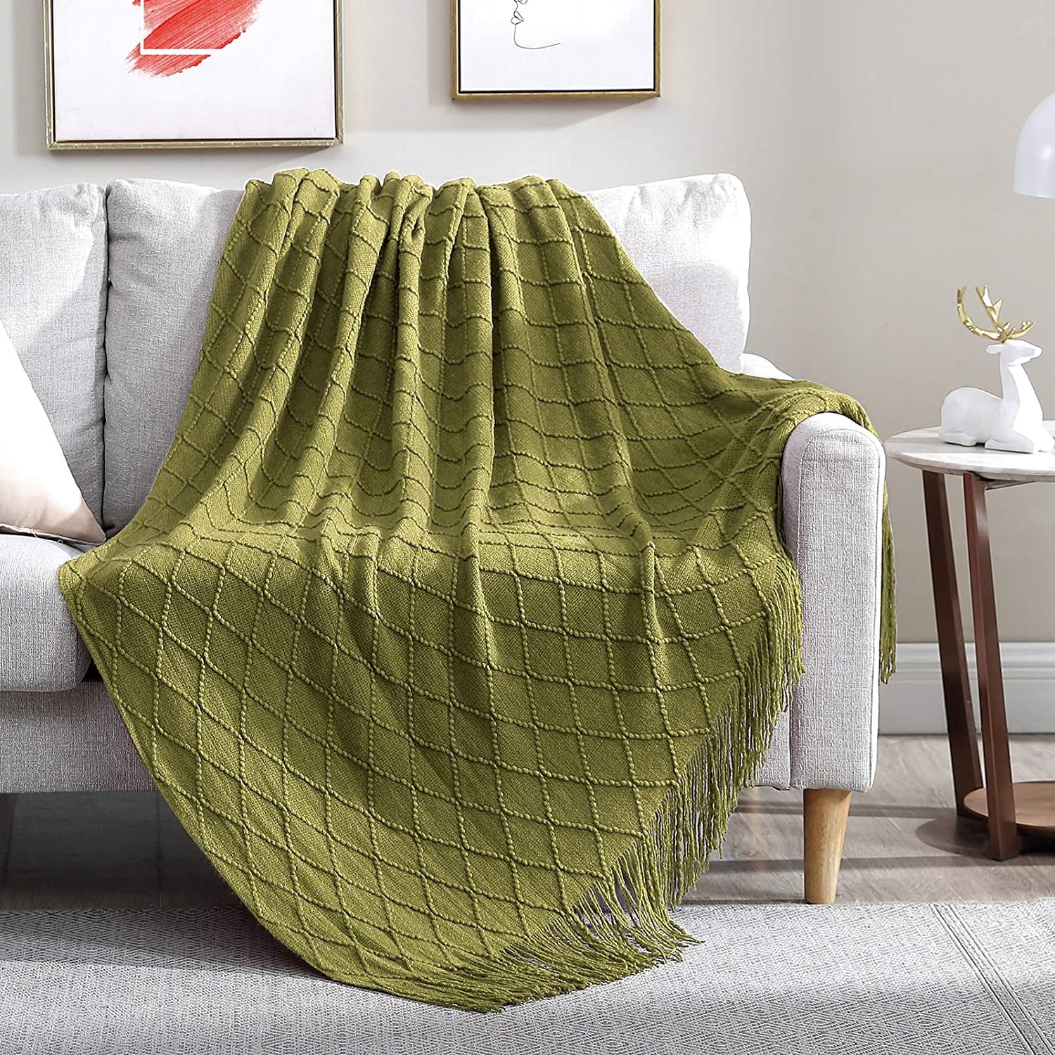 Walensee 100% Acrylic Knit Throw Blanket for Couch, 60" x 80", Olive ...