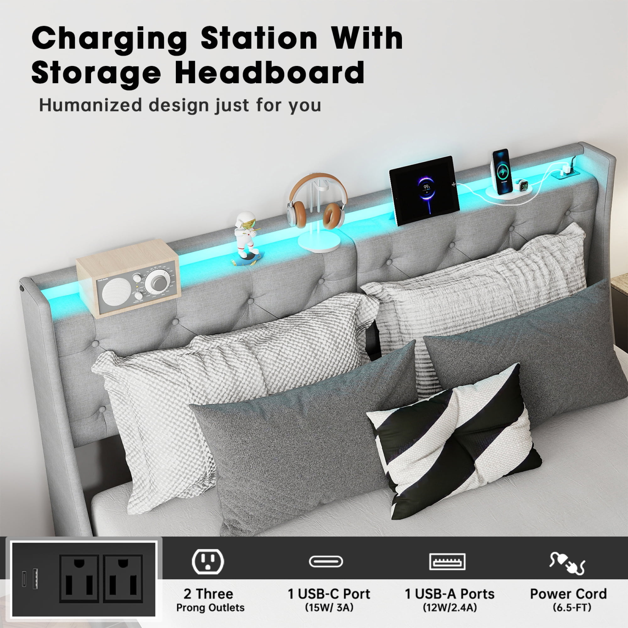 HOQBN King Size Bed Frame with Storage Headboard and 4 Drawers, Metal Bed Frame Platform with LED Light, Charging Station, No Box Spring Needed