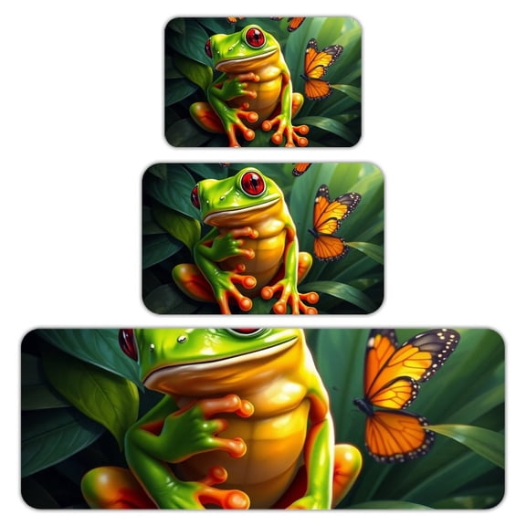 RKSupls Kitchen Rug Set 3 Piece Anti-Slip Flannel Floor Mats, Frog Butterfly Jungle Washable Absorbent Runner Mats for Kitchen Bathroom Home Decor