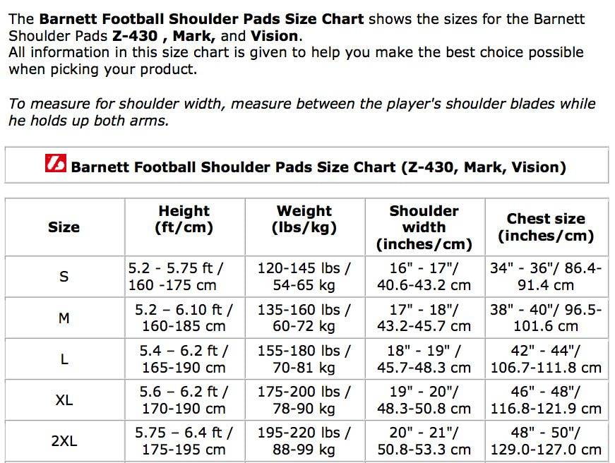 Football Shoulder Pads Size Chart