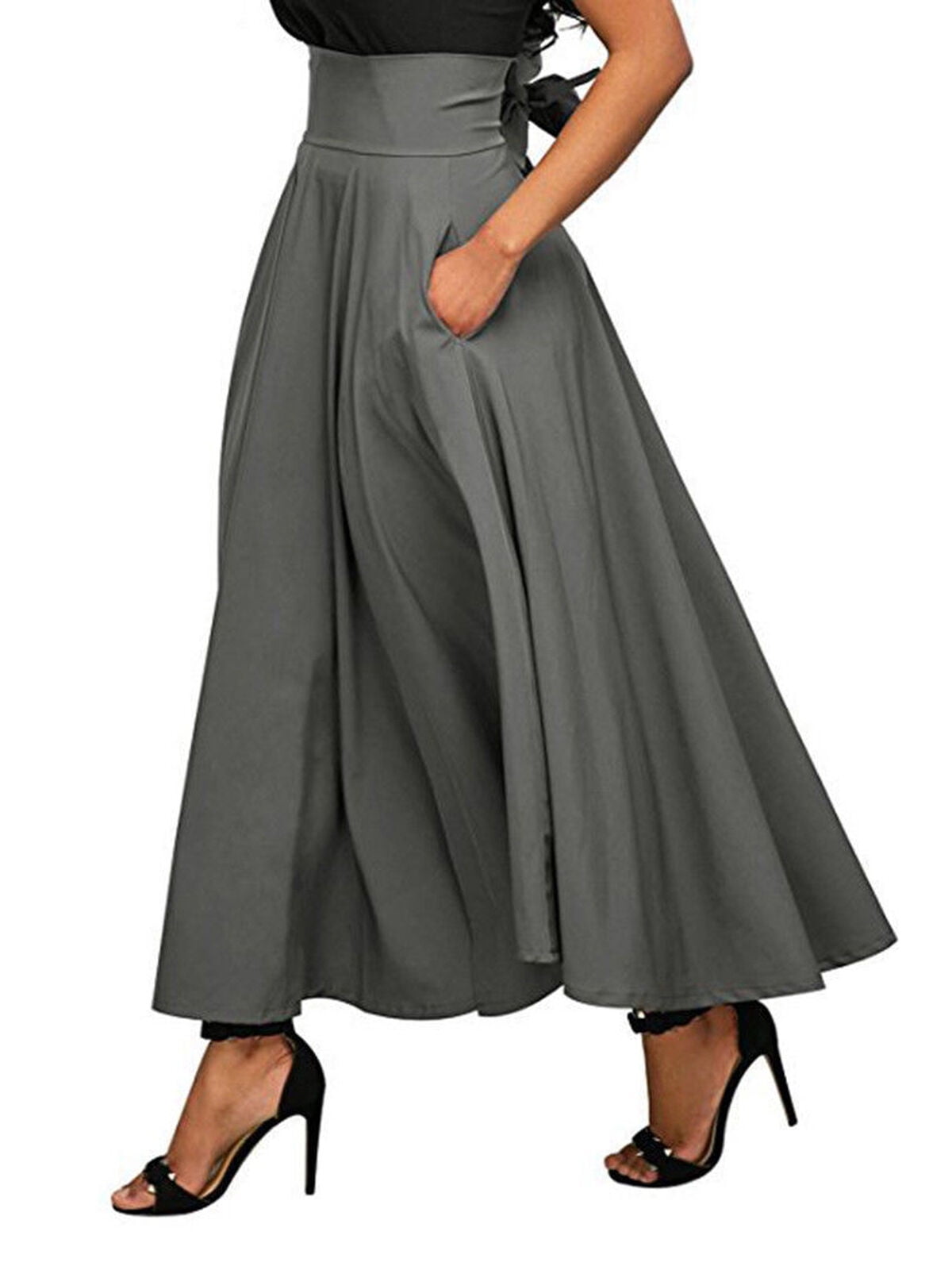 High Waist Pleated Long Skirts Women Flared Full Skirt Swing Satin