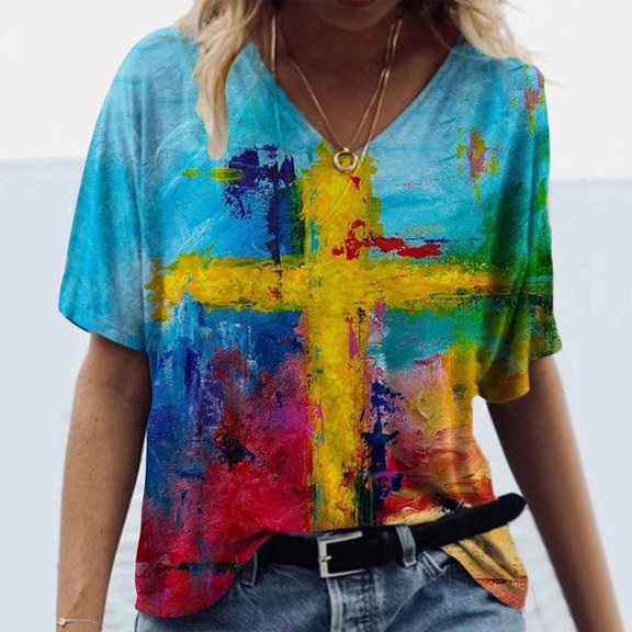 Viikei Womens Plus Short Sleeve Tops Clearance Ladies Short Sleeve Tops Plus Size Women T-shirt Short Sleeve Printed V-Neck Blouse