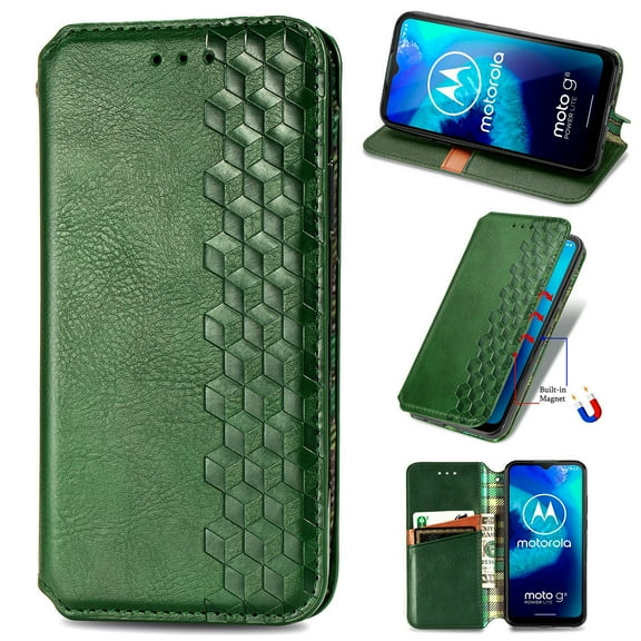 MOTO G8 Power lite Case, PU Leather TPU Wallet Cover with Card Holder Kickstand Hidden Magnetic Adsorption Shockproof Flip Folio Cell Phone Case for Motorola G8 Power lite 6.5 inch, Green