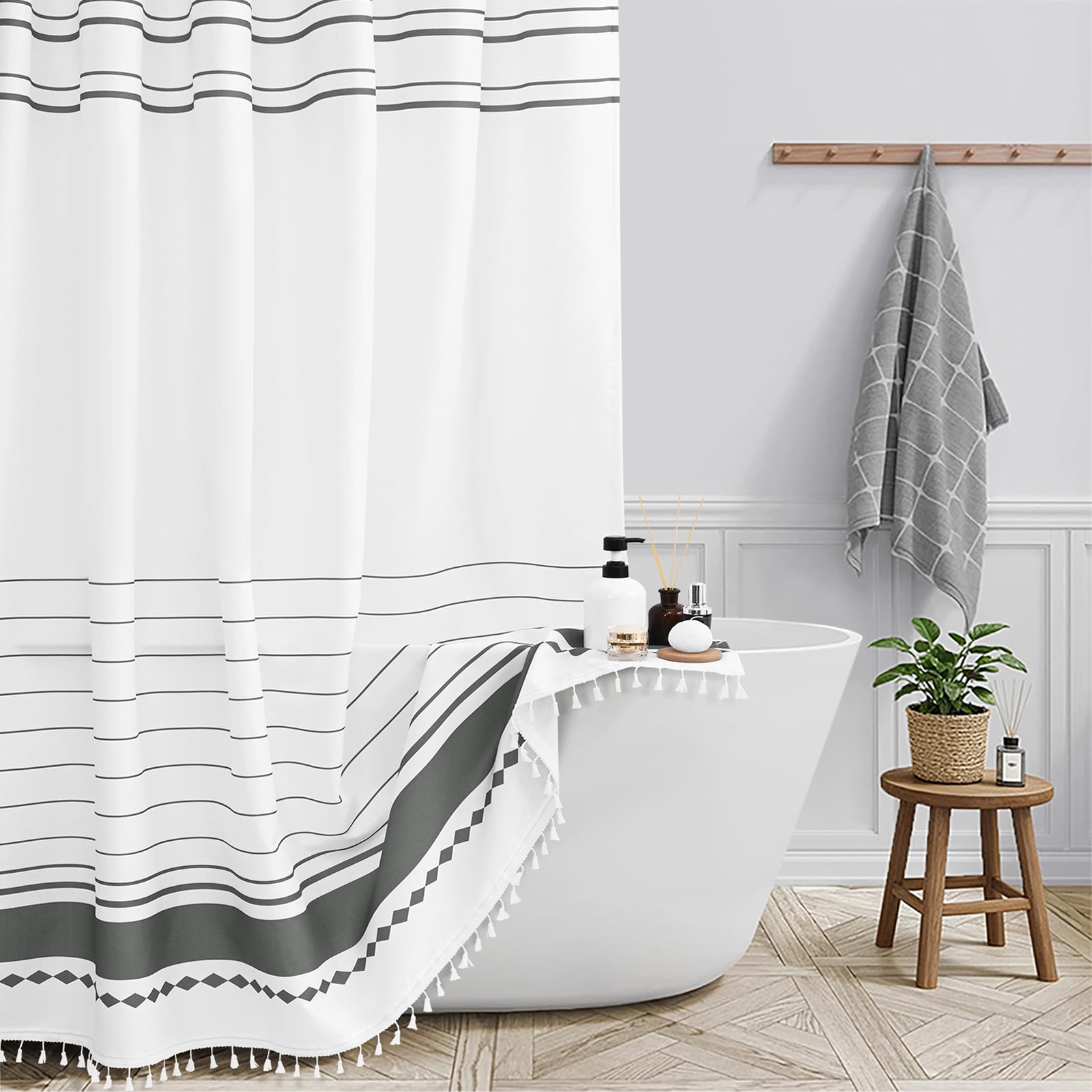 FRAMICS Striped Tassel Shower Curtain Sets with Bath Rug, Boho Farmhouse Water-Repellent Fabric Bathroom Sets with Hooks, Slub Textured Design, 72" x 72", Gray