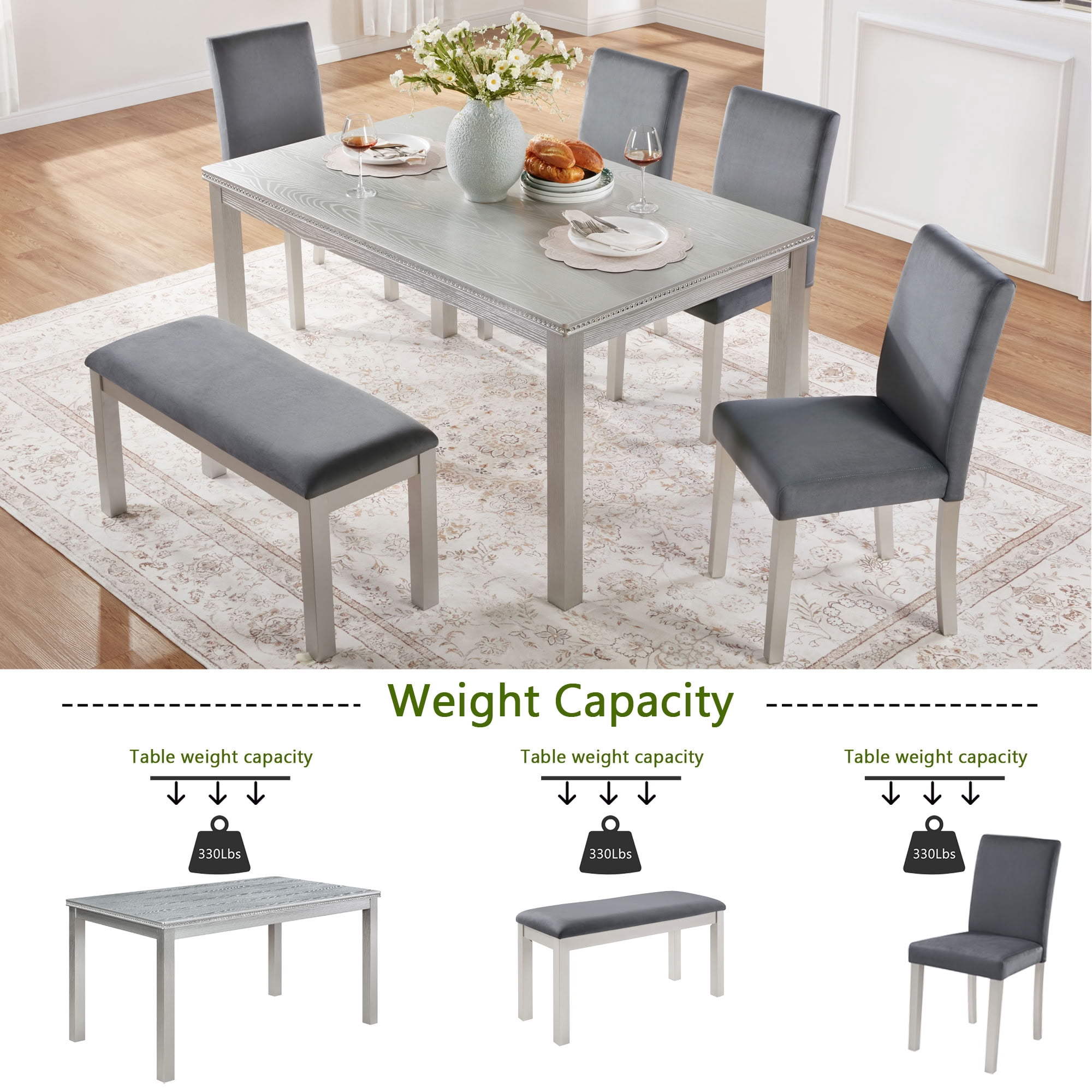 MAYEERTY 6-Piece Dining Table Set, Modern Wooden Dining Set for 6 with 4 Upholstered Chairs and Bench for Kitchen Dining Room, Silver Grey