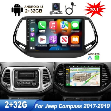 Zcargel Android 13 Car Stereo for Jeep Compass 2017 2018 2019 with Wireless Apple Carplay&Android Auto, 10.1 Inch Touch Screen Car Radio with GPS WiFi Bluetooth FM/ Backup Camera Mic