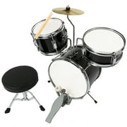 13" 3 Piece Complete Junior Drum Set Cymbal Child Kids Kit w/ Stool Sticks Black
