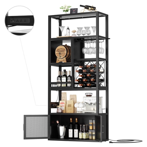 Homieasy 82.6" Tall Wine Bar Cabinet with LED Light and Outlets, 6-Tier Liquor Storage Cabinet with Glass Holder & Wine Rack, for Dining/Kitchen/Living Room, Black