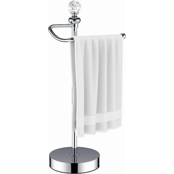 Heavy Weighted Towel Holder (with Crystal Ball) Standing Towel Holder - Total Height 15.7'' for Kitchen, Bathroom, Vanity - Classic Decorative Metal Hand Towel Stand, Polished Chrome