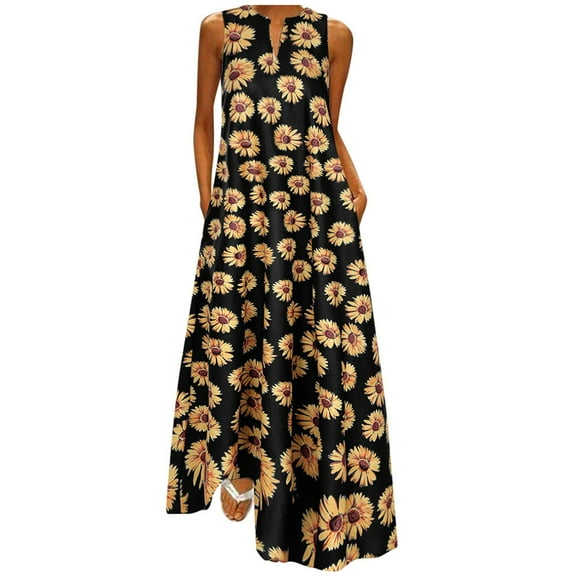 Dresses for Women Summer Sleeveless Plus Size Daily Vintage Sunflower Bohemian V Neck Maxi Dress