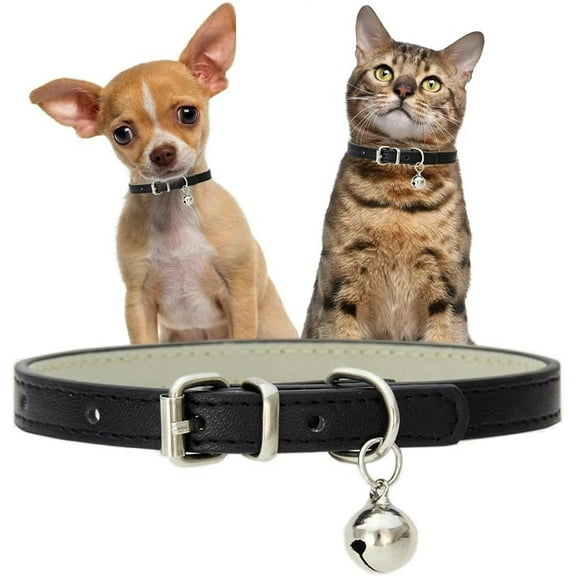 ‌Faux Leather Cat Collar with Bell - Adjustable PU Puppy Collar for XXS/Small/Medium Dogs
