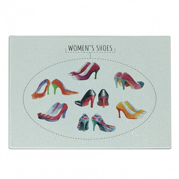 High Heels Cutting Board, 7 Pair of Feminine Watercolor High Heels Womans Shoes Lettering Print, Decorative Tempered Glass Cutting and Serving Board, in 3 Sizes, by Ambesonne