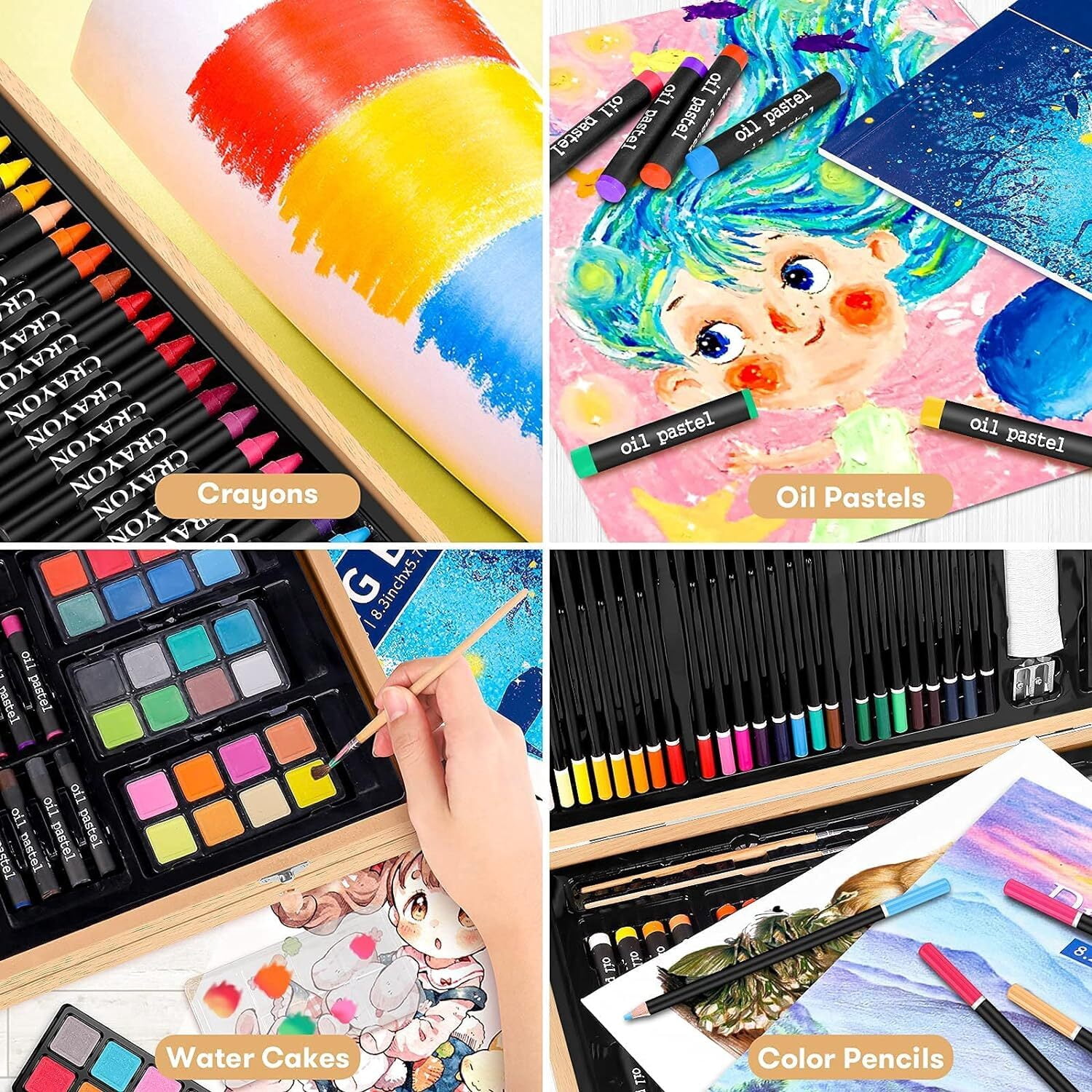 143-Piece Art Supply, Wood Box Painting and Drawing Set in Storage Case, 2 Sketch Pads, 24 Watercolor Paint Colors, Colored Pencils, 60 Crayons, Brushes, Artist Kit