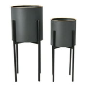 Main + Mesa Modern Boho Metal Planters with Gold Rim and Stands, Charcoal Grey and Black, Set of 2 Sizes