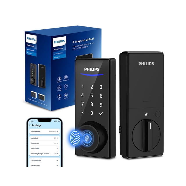 Philips Smart Lock con control de aplicación, cerradura de puerta inteligente con huellas dactilares, cerradura de puerta de entrada sin llave, reemplazo de cerrojo inteligente Bluetooth, bloqueo